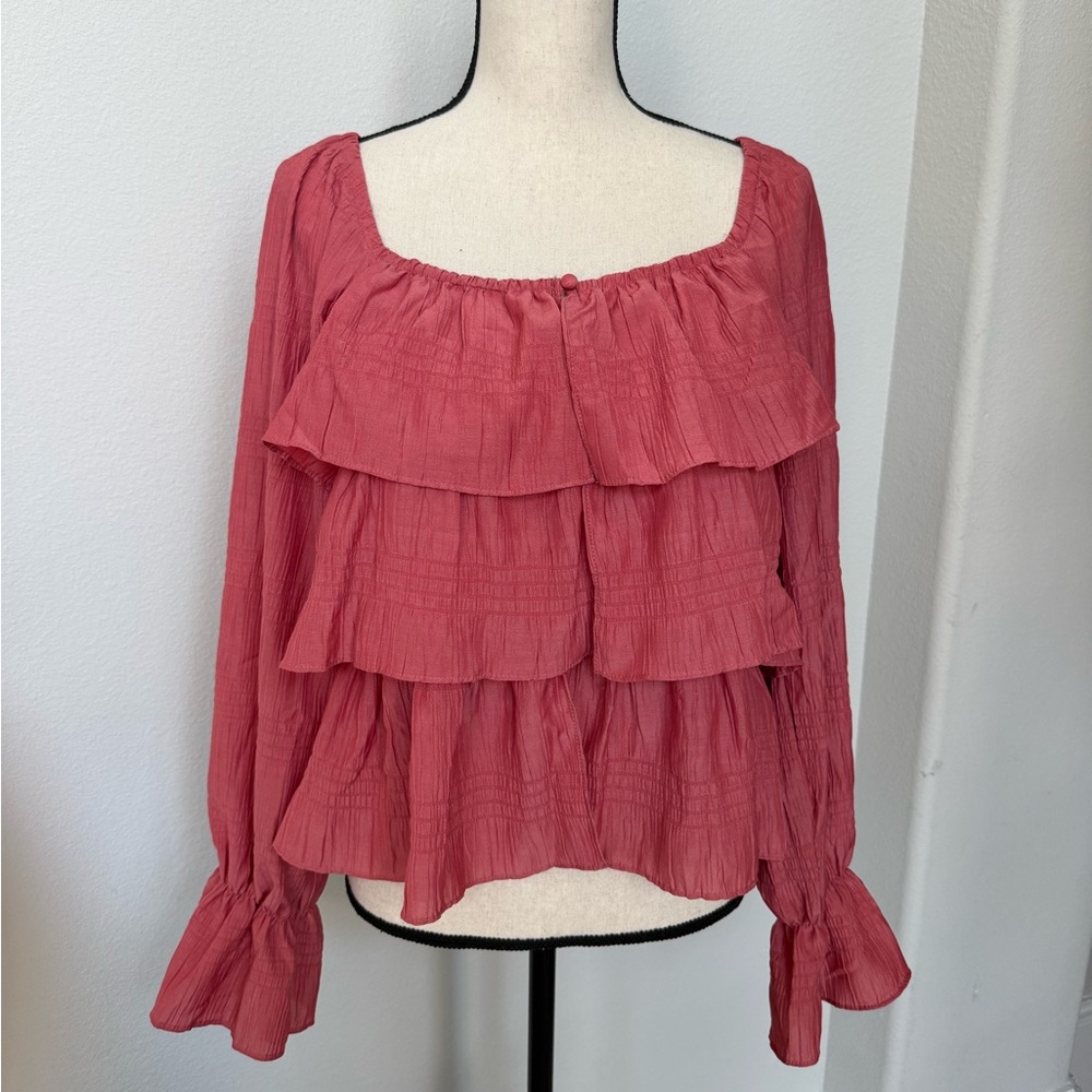 Lulu's Coral Layered Gauzy Blouse